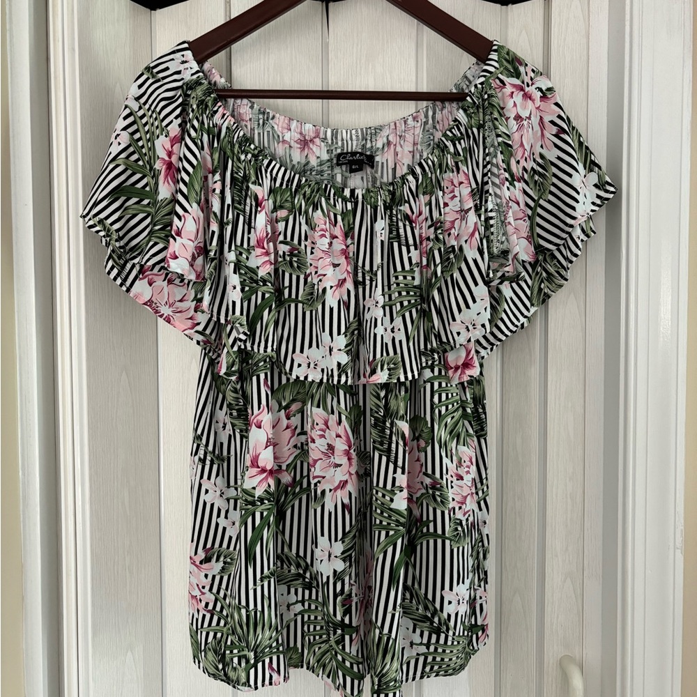 CHARLIE B Pink Floral and Green Leaf Striped Blouse